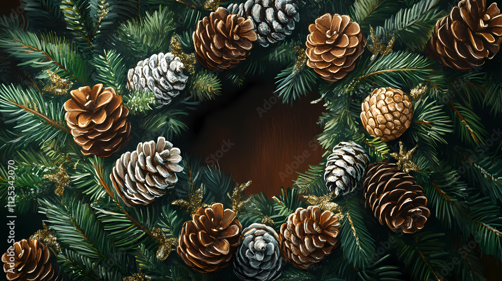 Silver and gold-wrapped pinecone adornments on a lush greenery wreath, embellishments, wrapped. Lush. Illustration Silver and gold-wrapped pinecone adornments on a lush greenery wreath, embellishments, wrapped. Lush. Illustration