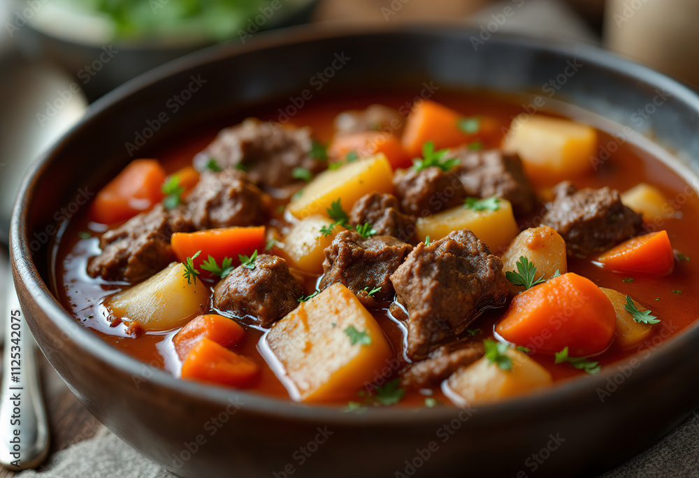 A photo of a bowl of hearty beef stew with chunks of meat, potatoes, and carrots in a rich, tomato-based broth A photo of a bowl of hearty beef stew with chunks of meat, potatoes, and carrots in a rich, tomato-based broth