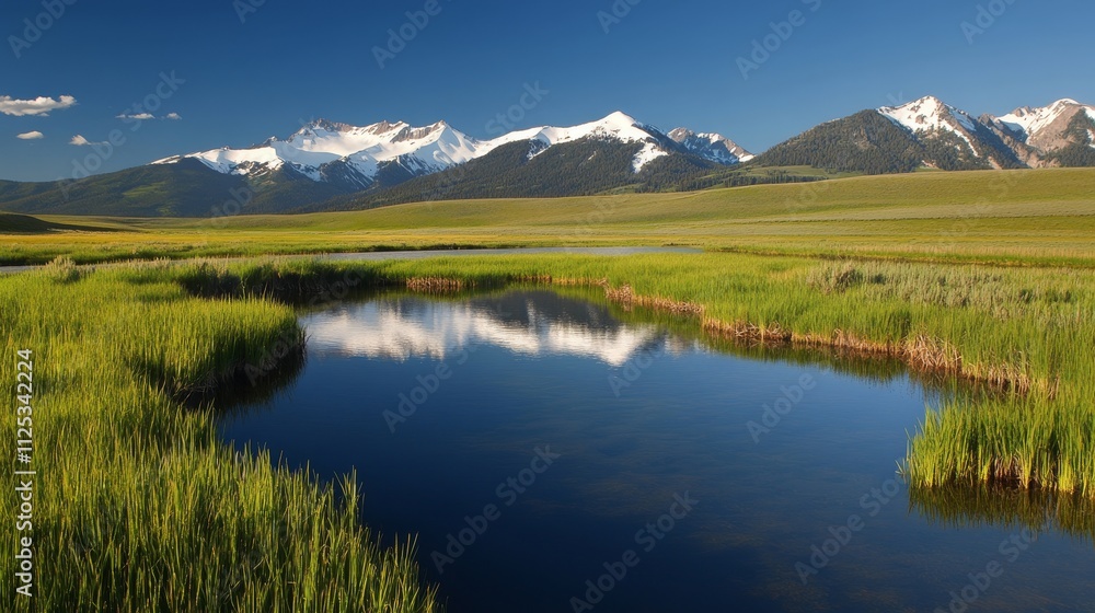 A serene landscape featuring mountain, a reflective pond, and lush green fields under a clear blue sky. A serene landscape featuring mountain, a reflective pond, and lush green fields under a clear blue sky.