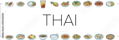 thai cuisine food asia icons set vector. curry table, various thailand, menu rice, plate delicious, som, meal, dish, cooking thai cuisine food asia color line illustrations