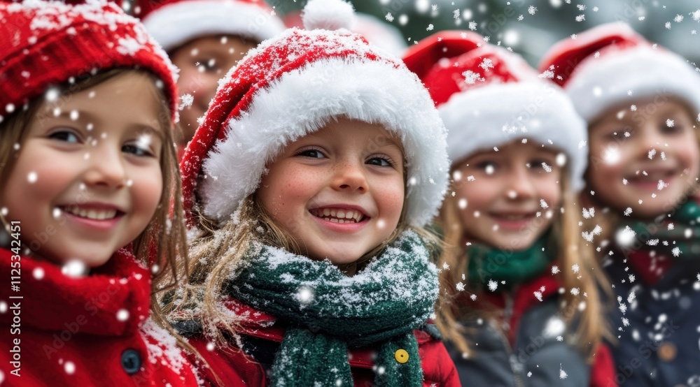Children in Christmas Attire Smiling with Snow Falling Around Them Children in Christmas Attire Smiling with Snow Falling Around Them