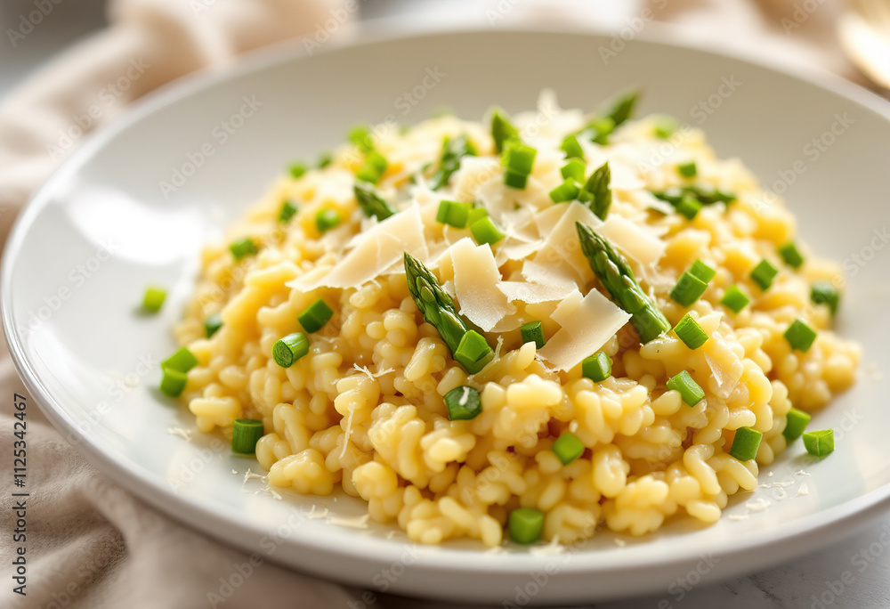 A photo of a plate with risotto, topped with shredded Parmesan cheese and chopped asparagus A photo of a plate with risotto, topped with shredded Parmesan cheese and chopped asparagus