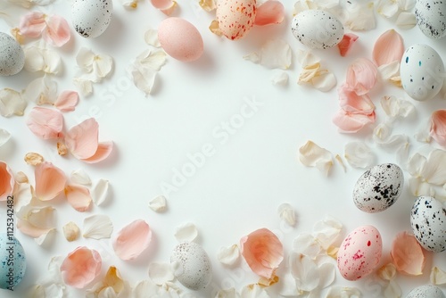 Decorative eggs surrounded by soft petals create a serene spring atmosphere ideal for celebrations and creative projects