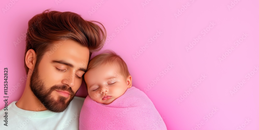 Father and baby bonding: peaceful rest on pink background Father and baby bonding: peaceful rest on pink background