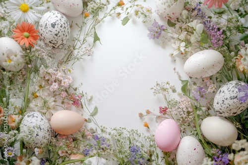 Spring celebration comes alive with a colorful array of decorative eggs nestled among fresh flowers, creating a vibrant and festive atmosphere