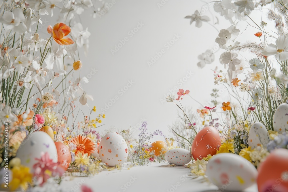 Spring blossoms and colorful eggs create a whimsical garden setting for an Easter celebration full of joy and vibrant colors