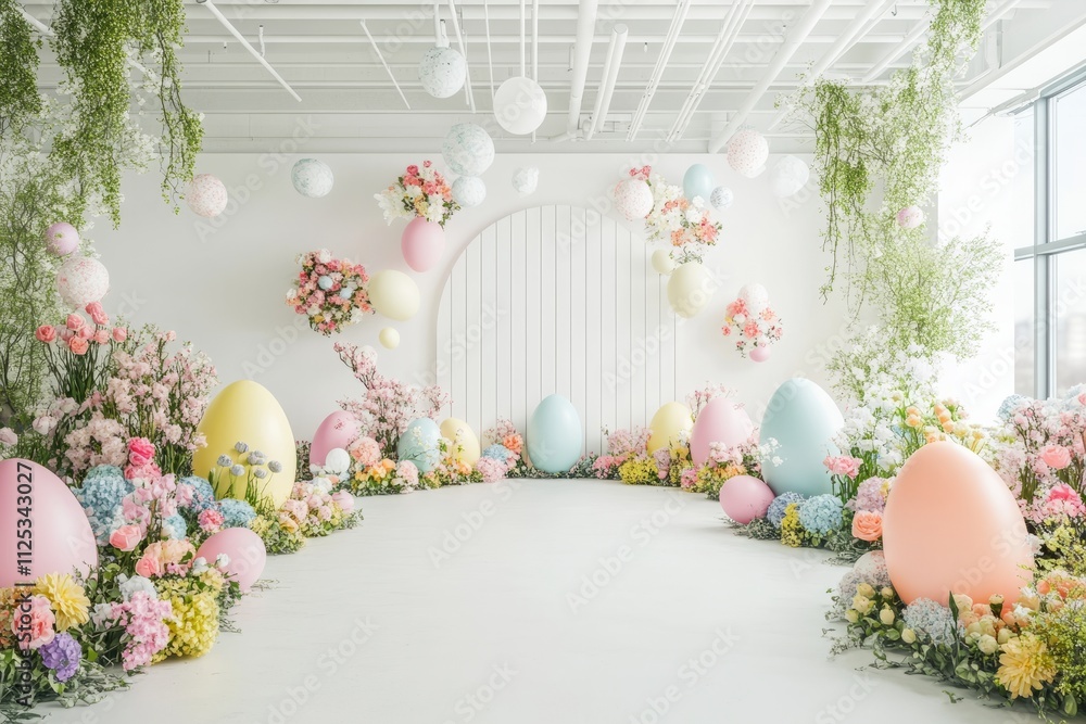 Spring celebration blooms in pastel colors with oversized decorative eggs and floral arrangements creating a whimsical atmosphere in a bright indoor space