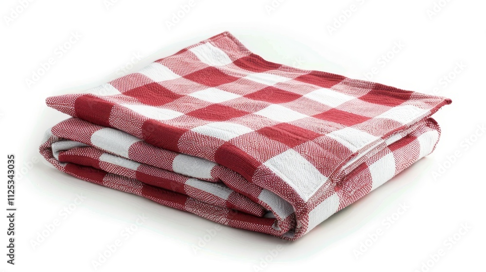 A folded red and white checkered tablecloth, perfect for picnics or dining settings. A folded red and white checkered tablecloth, perfect for picnics or dining settings.