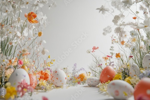 Obraz na płótnie Spring blossoms and colorful eggs create a whimsical garden setting for an Easter celebration full of joy and vibrant colors w salonie