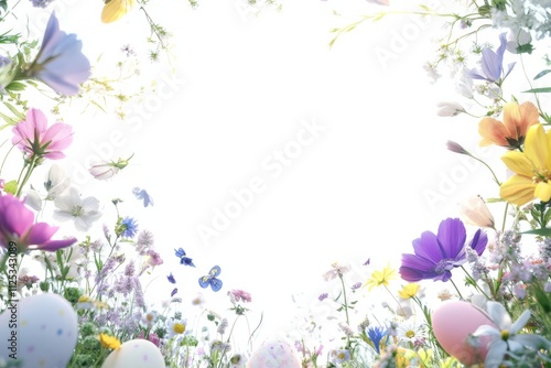 Vibrant spring garden filled with colorful flowers and playful butterflies under a bright, sunlit sky photo