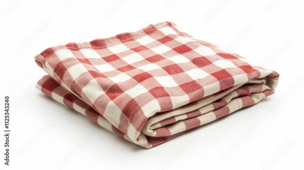 A folded red and white checkered tablecloth, suitable for dining or picnics. A folded red and white checkered tablecloth, suitable for dining or picnics.