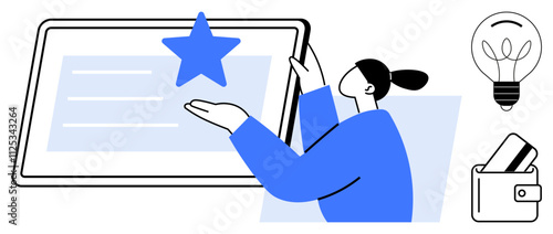 Person pointing at a star on a large screen, alongside wallet, credit cards, and a light bulb. Ideal for technology, innovation, finance, education, motivation user experience and creativity