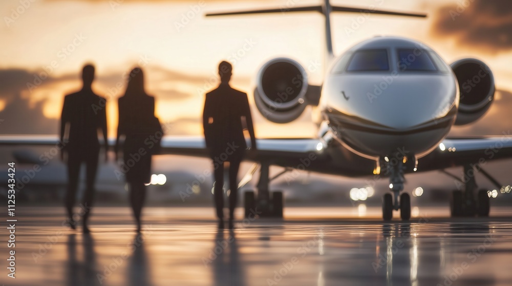 Businesspeople walking towards private jet at sunset on airport tarmac Businesspeople walking towards private jet at sunset on airport tarmac