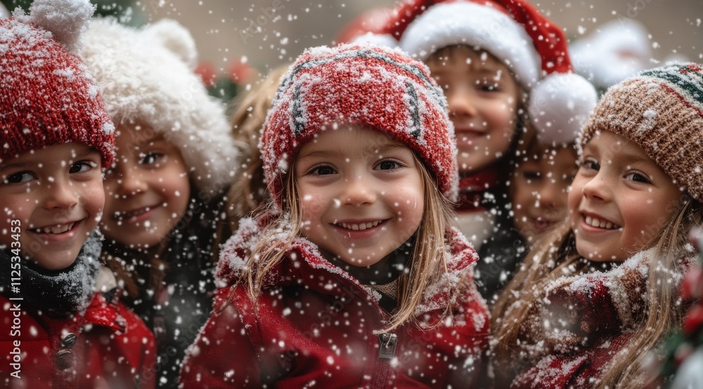 Children in Christmas Attire Smiling with Snow Falling Around Them Children in Christmas Attire Smiling with Snow Falling Around Them