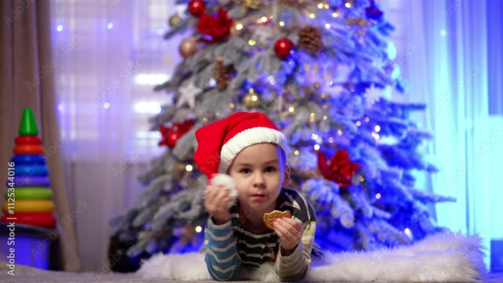 Lovely kid in a red Santa cap lies on the floor eating a cookie. Baby boy near the beautiful decorated Christmas tree. Lovely kid in a red Santa cap lies on the floor eating a cookie. Baby boy near the beautiful decorated Christmas tree.