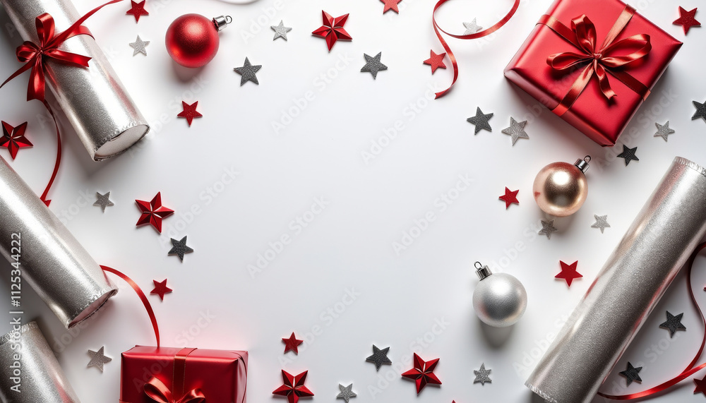 Red and silver Christmas gifts with ornaments and stars Red and silver Christmas gifts with ornaments and stars