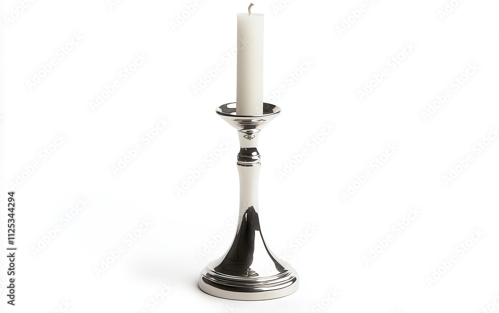 A polished silver candlestick holder with a candle, isolated on a pure white background. A polished silver candlestick holder with a candle, isolated on a pure white background.