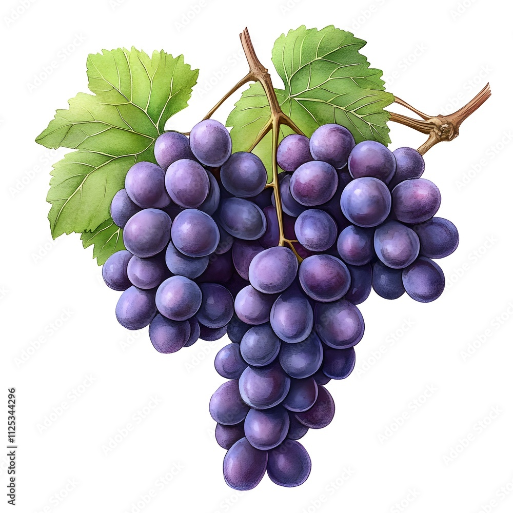 Fototapeta premium Fresh Grapes on the Vine: A cluster of plump, ripe red grapes hangs on a vine, their glistening surfaces reflecting the light. The vibrant green leaves add a touch of freshness to the scene. 