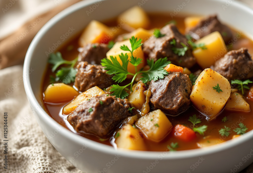 A white bowl filled with beef and lamb stew soup, with chunks of meat, potatoes, and parsley A white bowl filled with beef and lamb stew soup, with chunks of meat, potatoes, and parsley