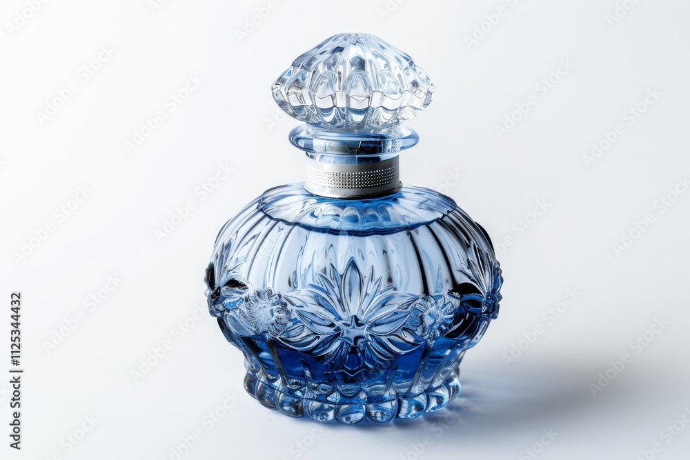 A decorative blue glass perfume bottle with intricate floral designs and a stylish cap. A decorative blue glass perfume bottle with intricate floral designs and a stylish cap.