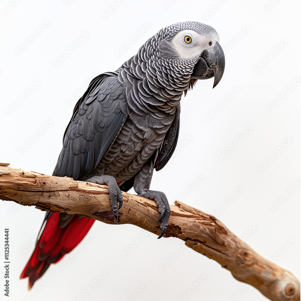 Fototapeta premium A grey parrot is perched on a branch isolated on white