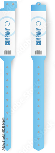 Two light blue vinyl wristbands for events, concerts or festivals, showing front and back, featuring company logo, barcode and adjustable holes
