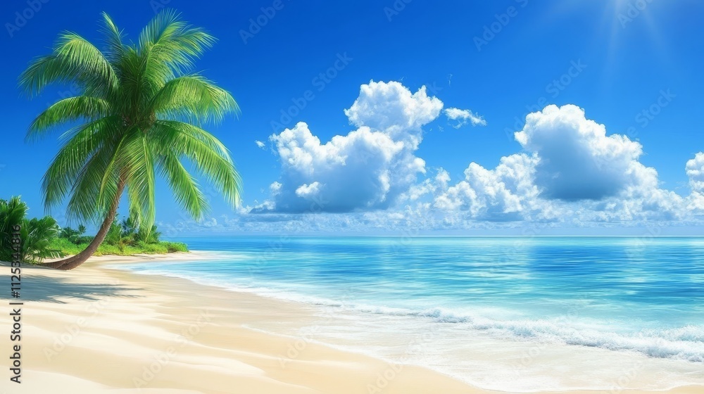 A serene beach scene with palm trees, clear water, and fluffy cloud under a bright blue sky. A serene beach scene with palm trees, clear water, and fluffy cloud under a bright blue sky.