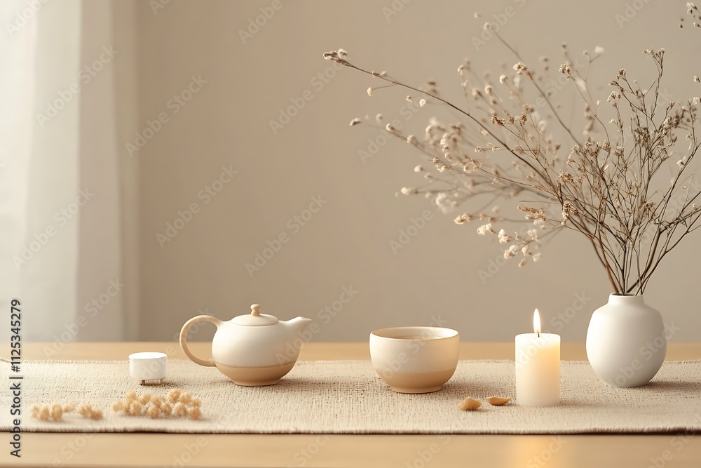 Minimalist tea set on a beige table with dried flowers in a white vase and a burning candle, creating a serene and cozy atmosphere. Minimalist tea set on a beige table with dried flowers in a white vase and a burning candle, creating a serene and cozy atmosphere.