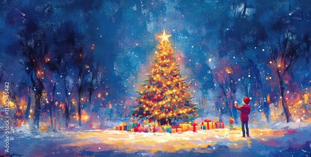 Naklejka premium A beautiful Christmas tree with colorful lights stands in the snow, surrounded by forest trees and glowing stars There is also an array of gifts beneath it The sky above has a deep blue Generative AI