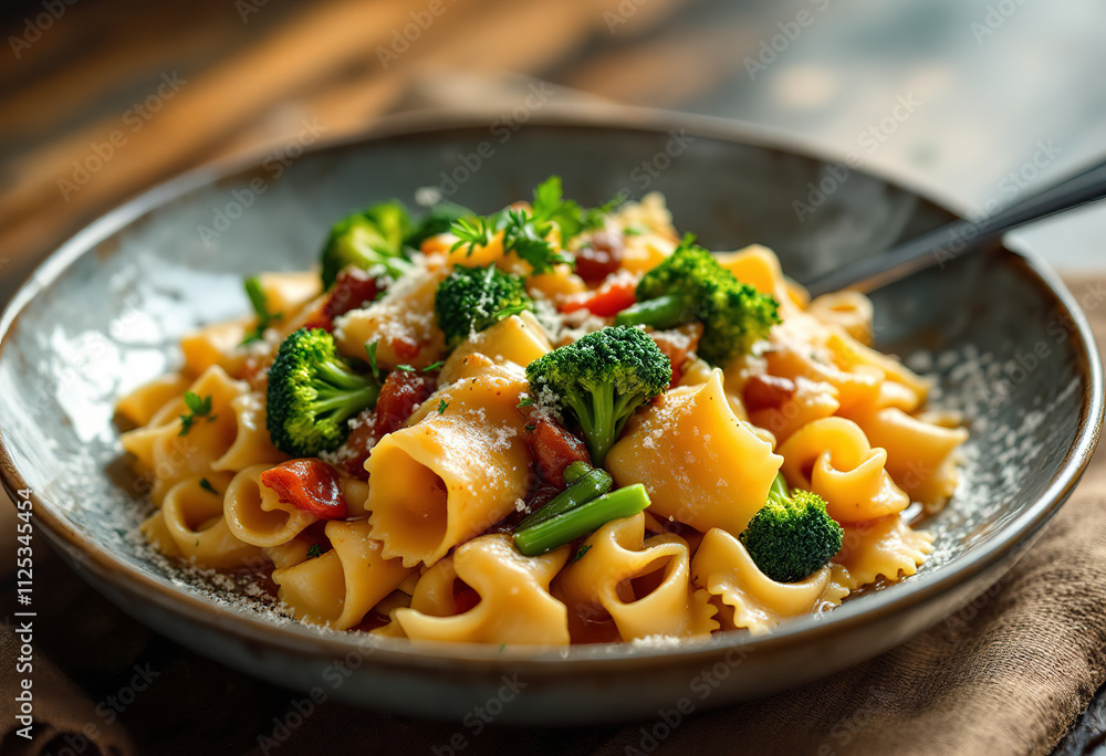 pasta cappelletti mixed with green vegetables, such as broccoli and green beans, stewed in gravy pasta cappelletti mixed with green vegetables, such as broccoli and green beans, stewed in gravy