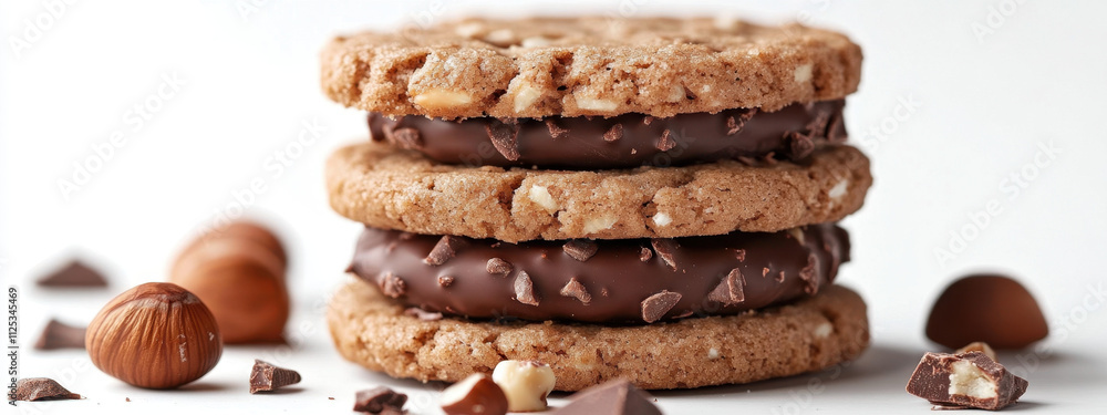 A tempting stack of chocolate-covered cookies with hazelnuts and chocolate chips on a white surface, creating a delightful display of sweet indulgence. A tempting stack of chocolate-covered cookies with hazelnuts and chocolate chips on a white surface, creating a delightful display of sweet indulgence.