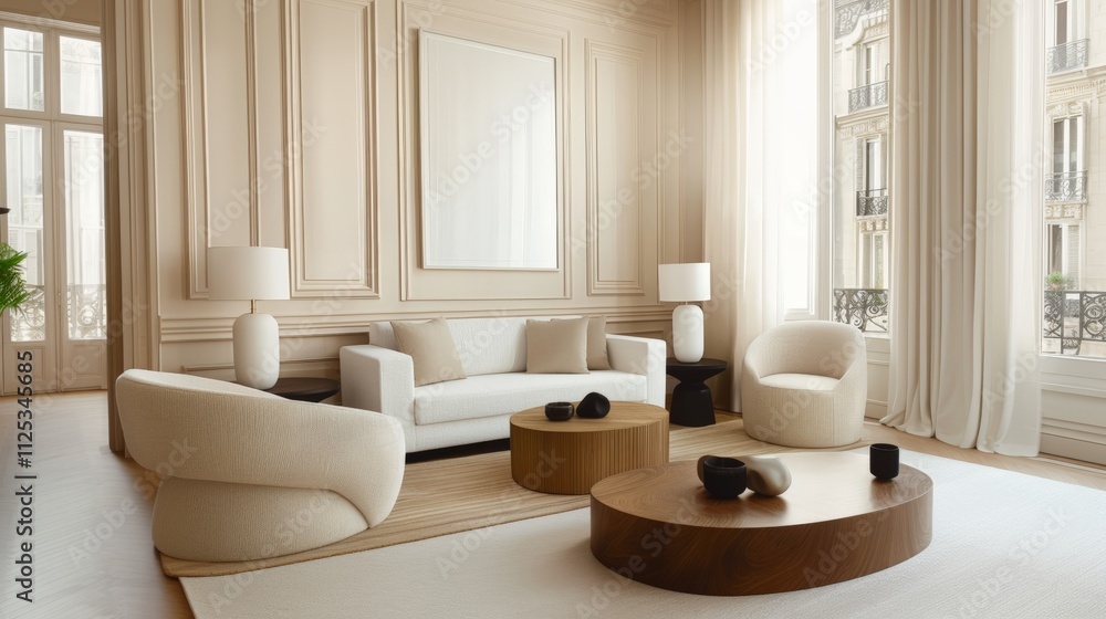 Fototapeta premium Wooden coffee table and armchairs next to white sofa with cushions. Wall with art frame. Design of modern living room.