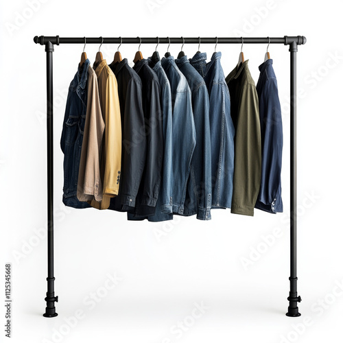 Men's shirts hanging on hangers on a white background photo