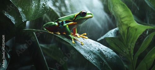 Vibrant Green Frog in Tropical Rainforest