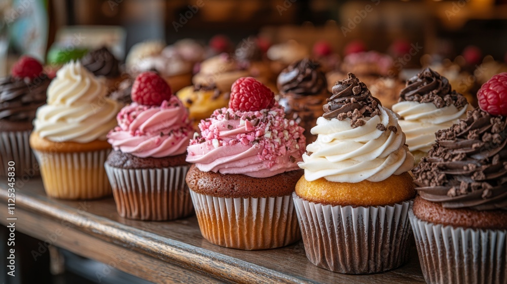 A vibrant selection of cupcakes sits enticingly on a wooden counter in a bakery. Each cupcake showcases unique frosting, decorations, and flavors, creating a tempting visual treat. A vibrant selection of cupcakes sits enticingly on a wooden counter in a bakery. Each cupcake showcases unique frosting, decorations, and flavors, creating a tempting visual treat.