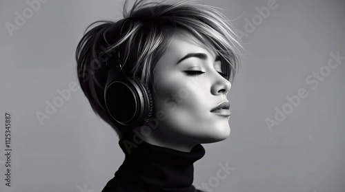 Serene Soundscapes: A woman with a pixie haircut, wearing headphones, closes her eyes in peaceful contemplation. The monochrome palette enhances the mood of tranquility and focus. 