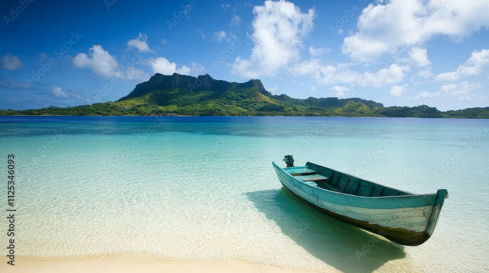A serene beach scene featuring a boat near a tropical island under a clear blue sky. A serene beach scene featuring a boat near a tropical island under a clear blue sky.