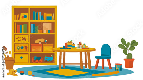 Modern cartoon illustration setting of kindergarten interior design furniture and toys, including wooden table, chair, bookshelf, and education isolated on transparent background