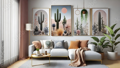 Eclectic Living Room with Cactus Art