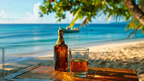 Glass of rum and unbranded bottle on a bar counter of a tropical island. Ocean coast with sandy beach on background.