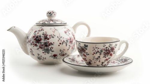 A decorative tea set featuring a floral design, including a teapot, cup, and saucer.