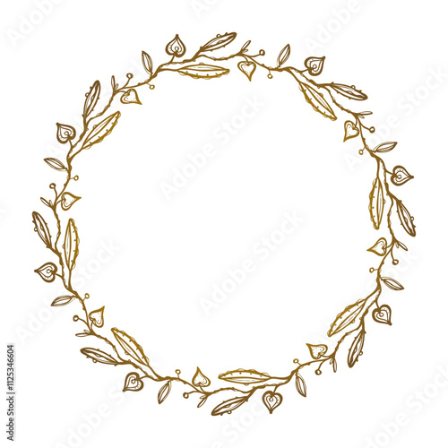 Golden wreath with hearts-flowers on the branches.