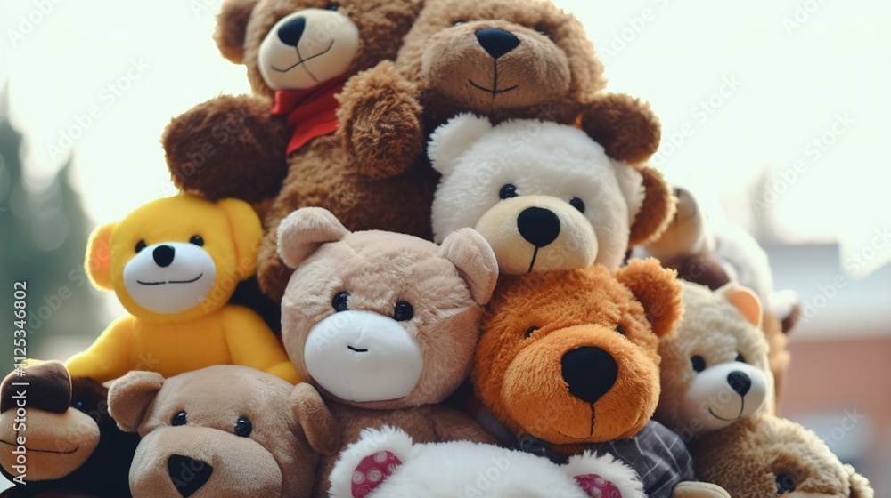 A photo of a stack of plush toys and stuffed animals. A photo of a stack of plush toys and stuffed animals.