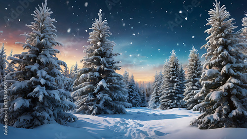 Wallpaper Mural Snow-covered pine trees in a winter forest at sunset, with falling snow and a starry night sky. Torontodigital.ca