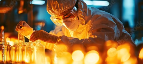 Lab Technician in Protective Gear Working with Glass Bottles in a Factory Setting