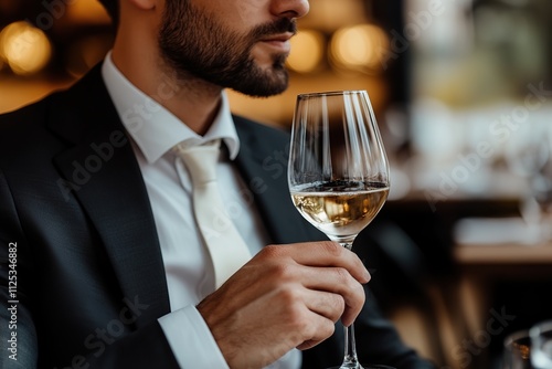 Handsome man sommelier degustator tasting white wine in wine glass photo