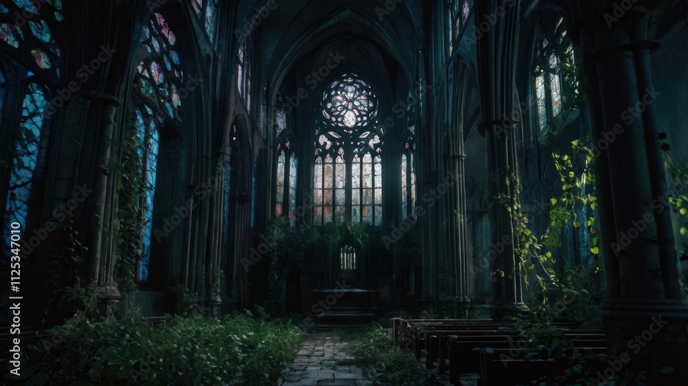 Abandoned gothic cathedral with moonlight and ivy-covered walls.
Abandoned gothic cathedral with moonlight and ivy-covered walls.