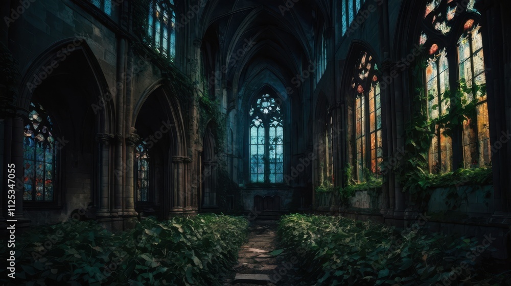 Obraz premium Haunting medieval scene blending architecture, decay, and serenity.