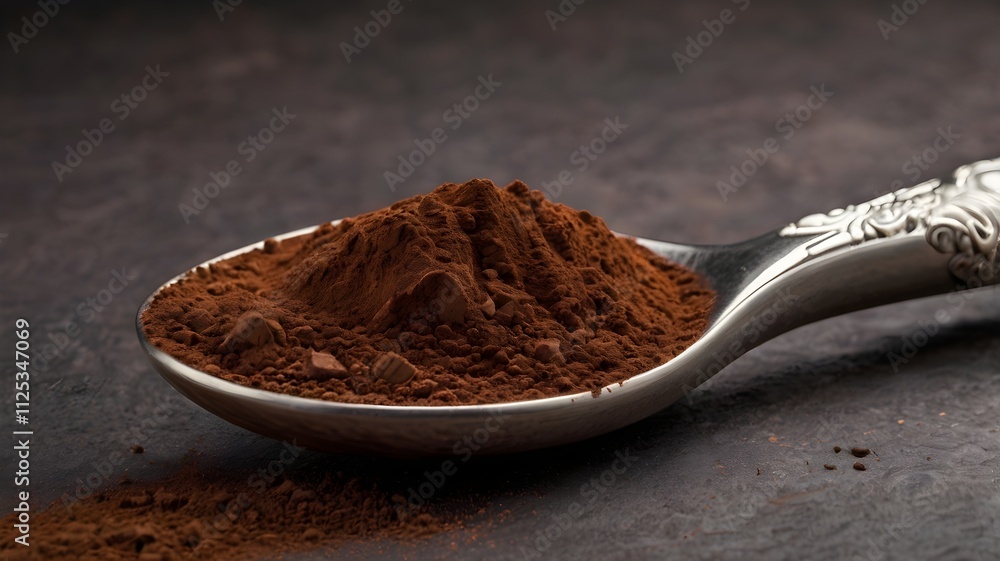Rich cocoa powder on silver spoon, showcasing its fine texture and earthy color, Rich cocoa powder on silver spoon, showcasing its fine texture and earthy color,
