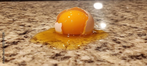 A Broken Egg Yolk on a Granite Countertop